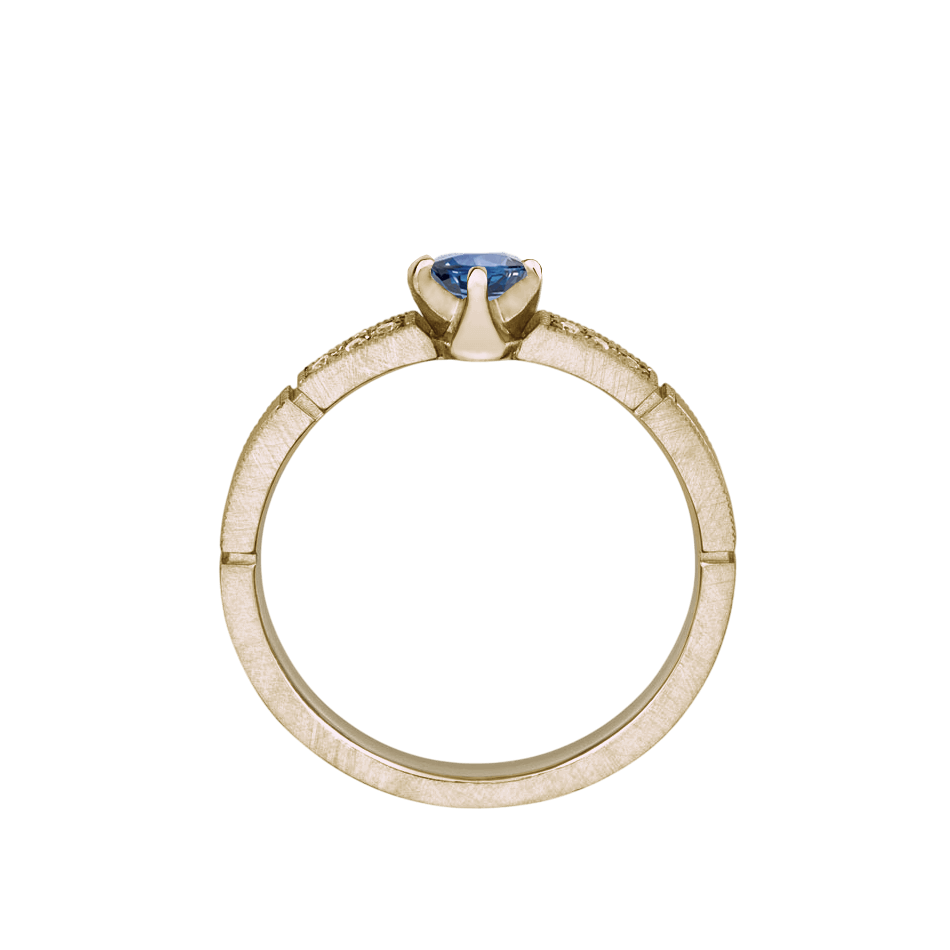 anel noivado fosco-acetinado ouro champagne, safira azul e diamantes cognac