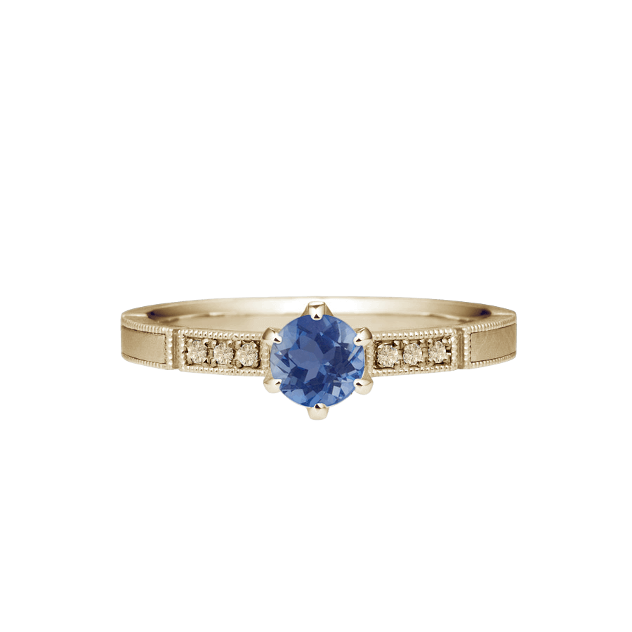 anel solitario fosco-acetinado ouro champagne, safira azul e diamantes cognac