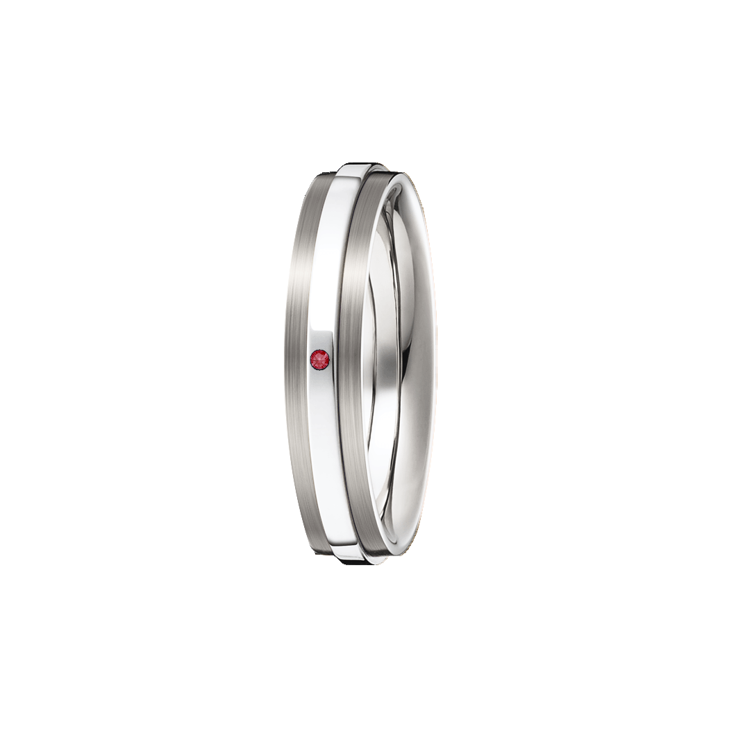 Aliança Ouro Branco Reta em 2 Níveis e 1 Rubi - GALLERIA 4,8 mm