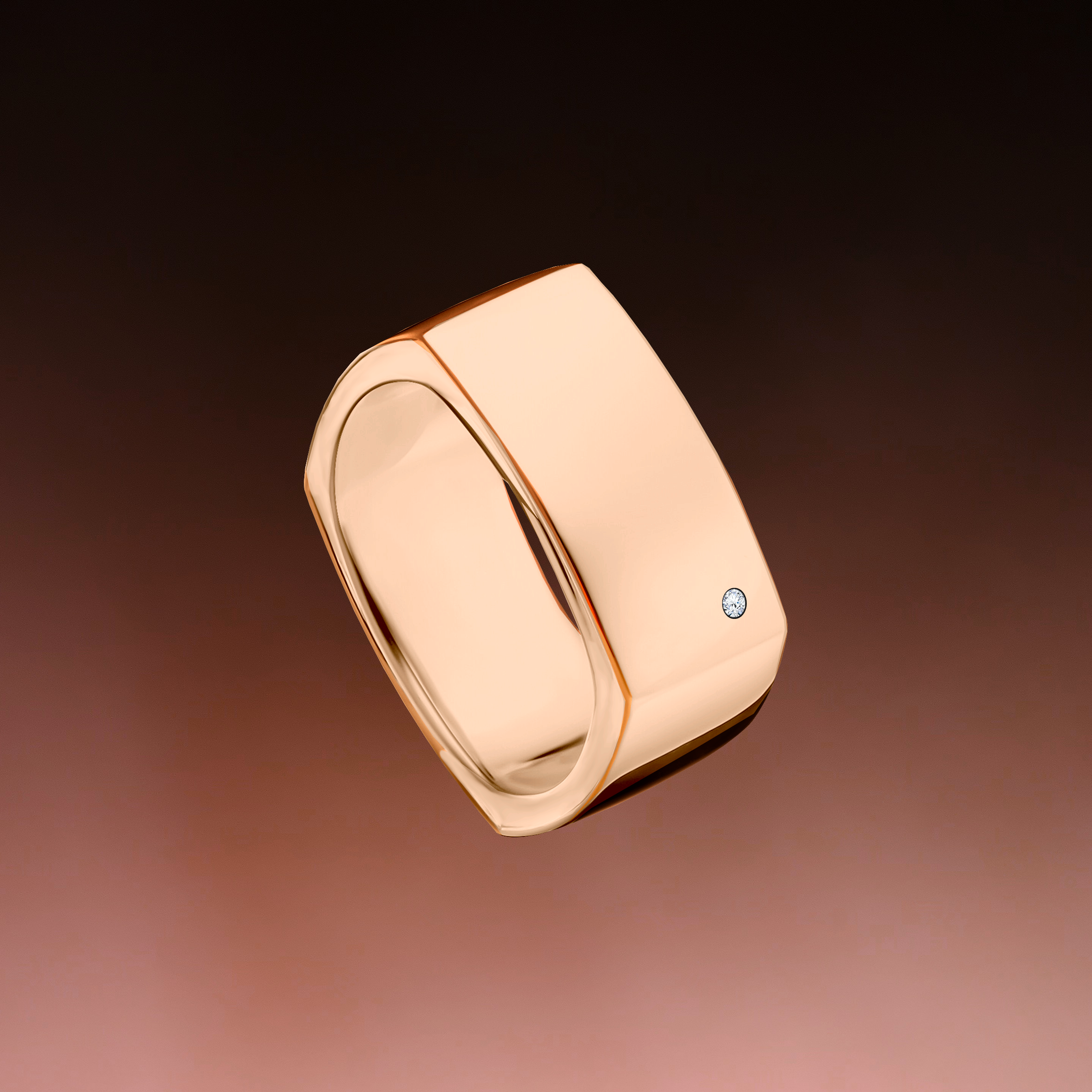 Anel Quadrada Largo Ouro Rosa e 1 Diamante - SQUARED 6,0 mm