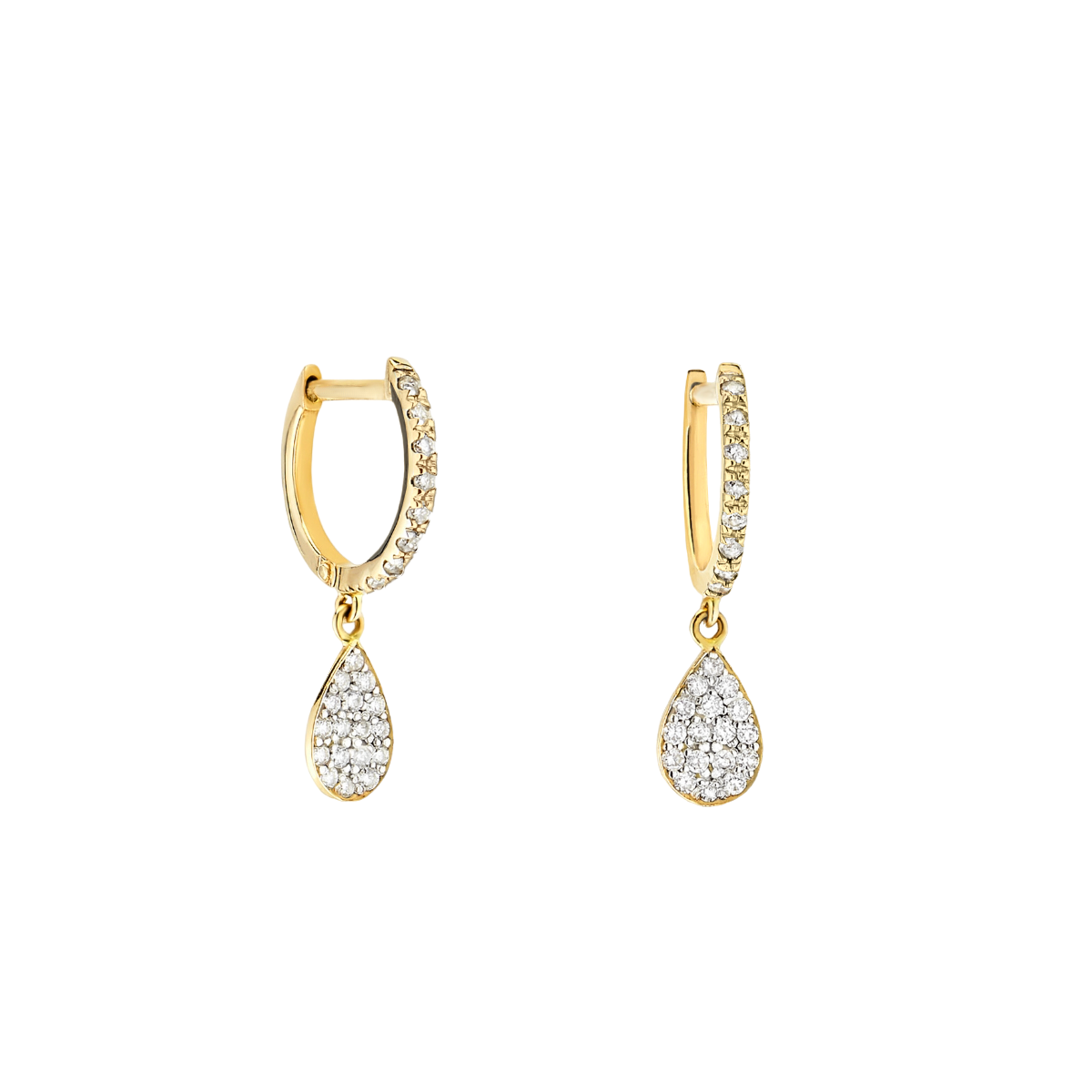 Brinco Argolas Diamantes e Pingentes Formato Gota, Ouro Amarelo - PEAR Pavé