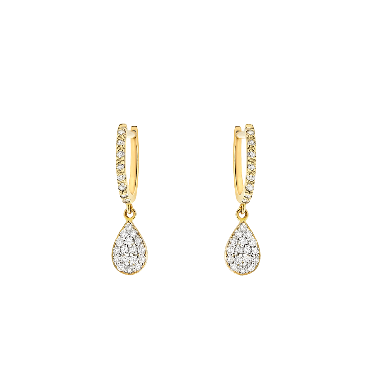 Brinco Argolas Diamantes e Pingentes Formato Gota, Ouro Amarelo - PEAR Pavé