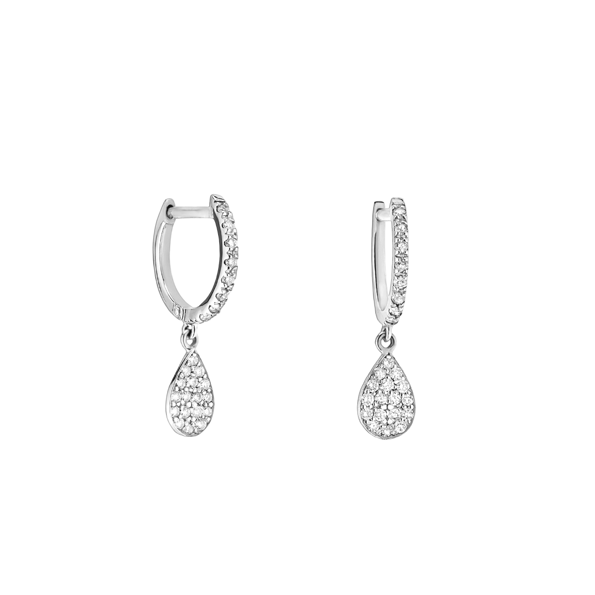 Brinco Argolas Diamantes e Pingentes Formato Gota, Ouro Branco - PEAR Pavé
