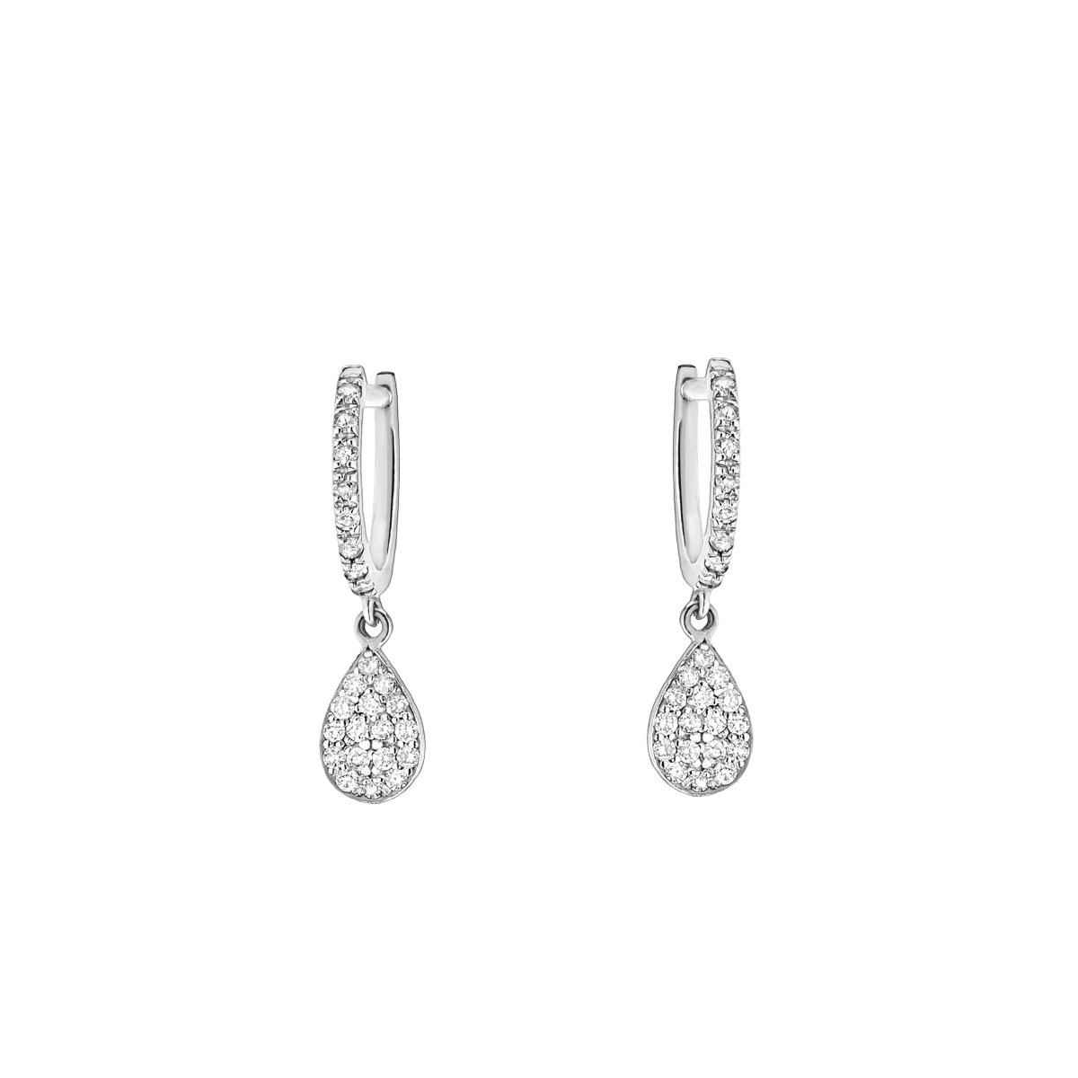 Brinco Argolas Diamantes e Pingentes Formato Gota, Ouro Branco - PEAR Pavé