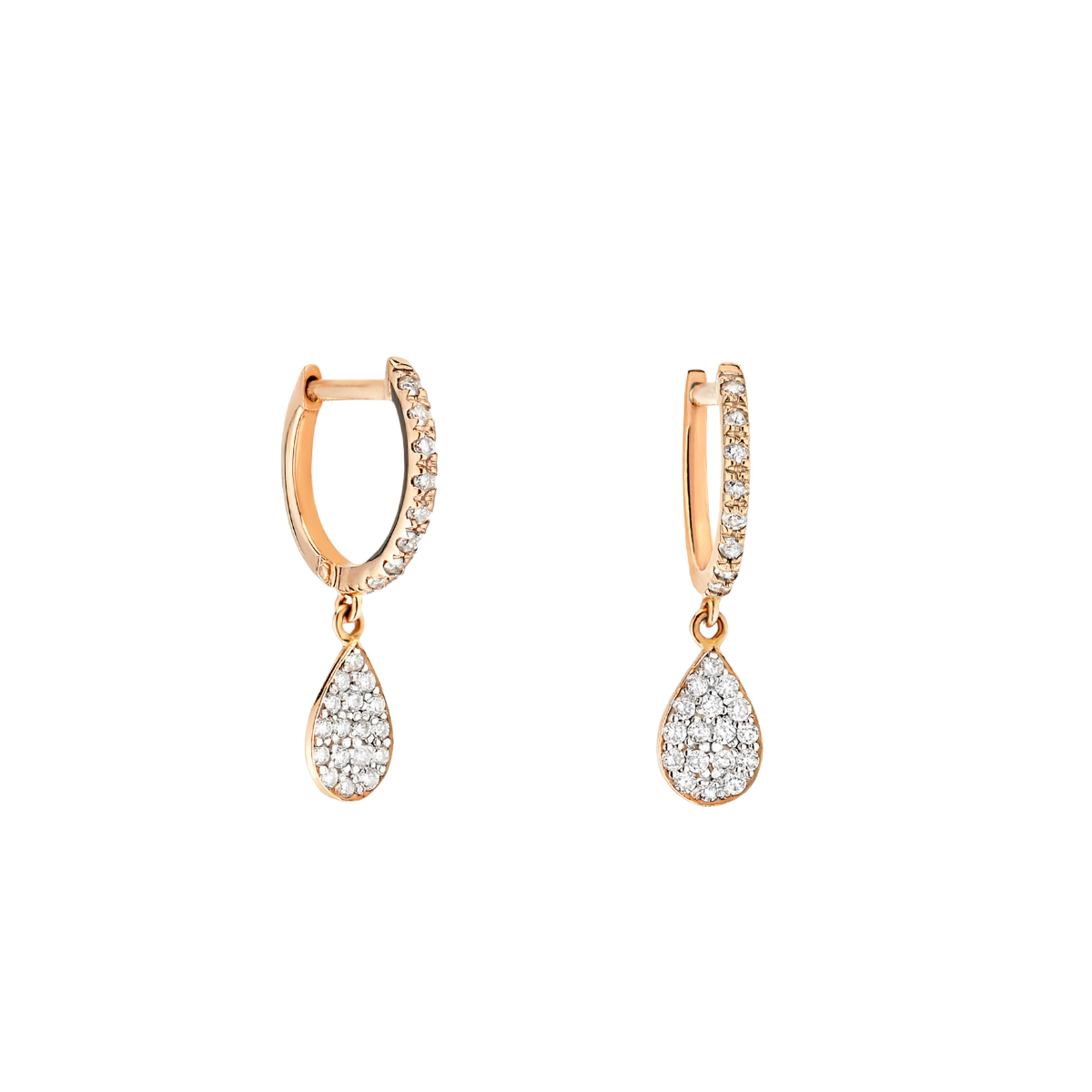 Brinco Argolas Diamantes e Pingentes Formato Gota, Ouro Rosa - PEAR Pavé