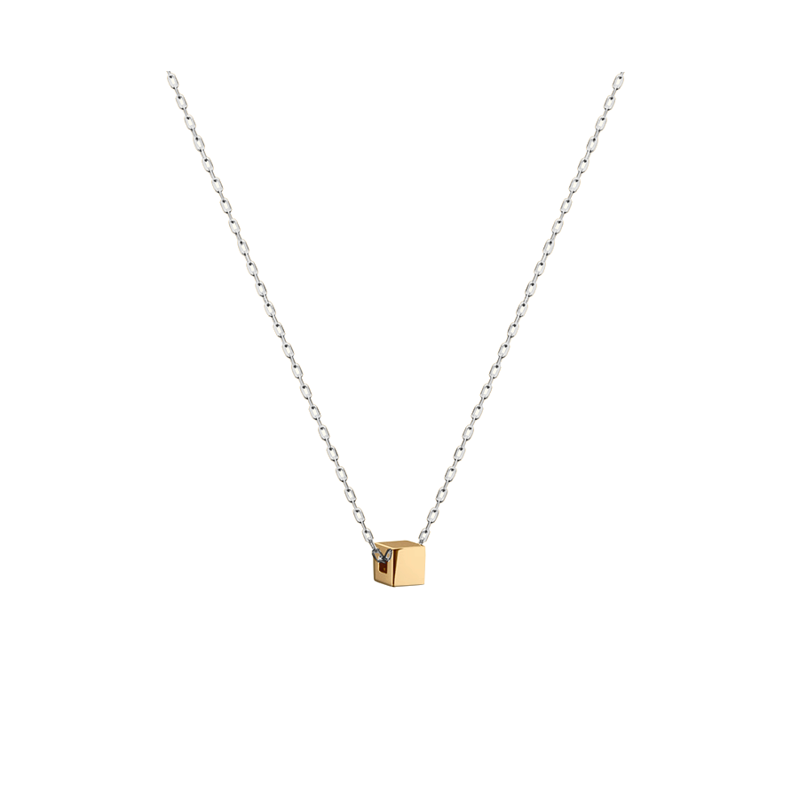 Pingente Cubo em Ouro Amarelo com Corrente Elos Ouro Branco - QB