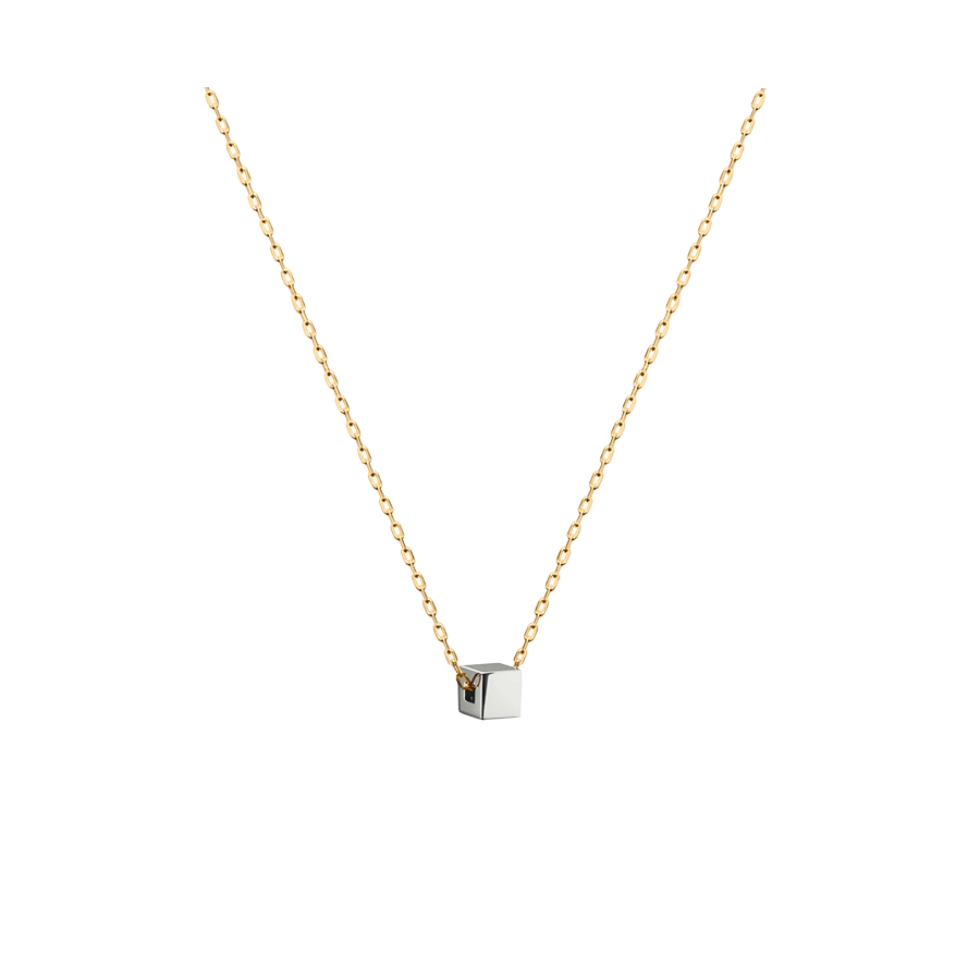 Pingente Cubo em Ouro Branco com Corrente Elos Ouro Amarelo - QB