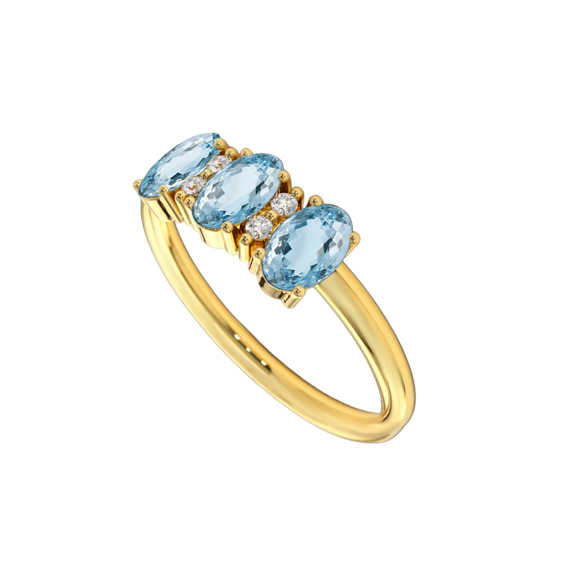 Anel Água Marinhas Ovais e Diamantes, Ouro Amarelo - MEDITERRANEA Oval