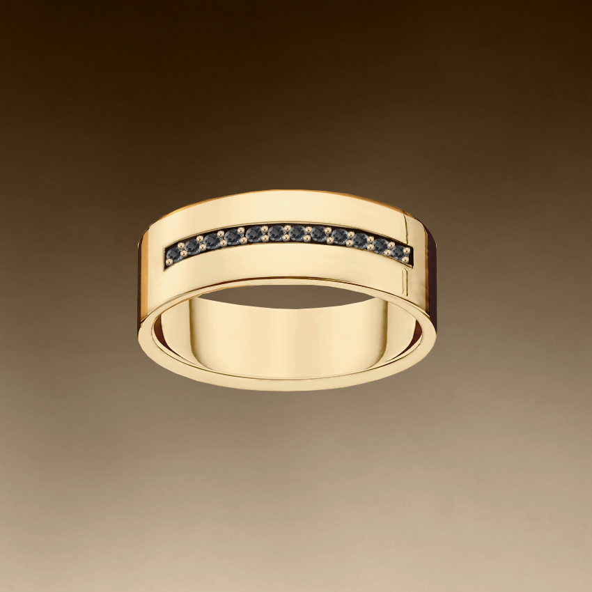 anel largo reto, com diamantes negros