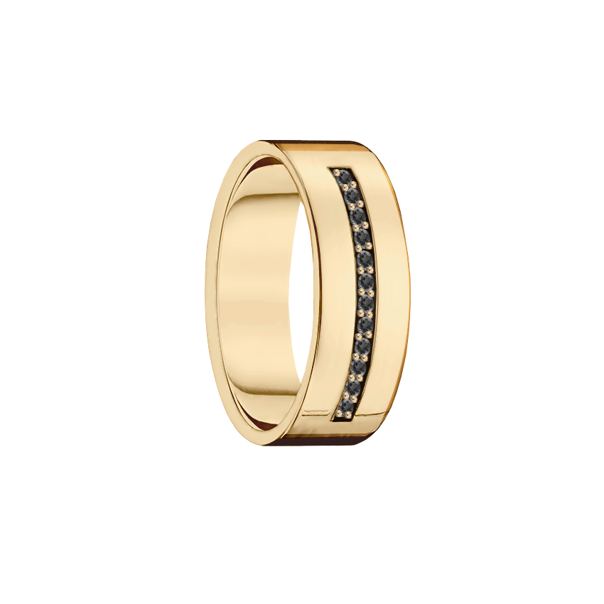 anel largo reto ouro amarelo, com diamantes negros
