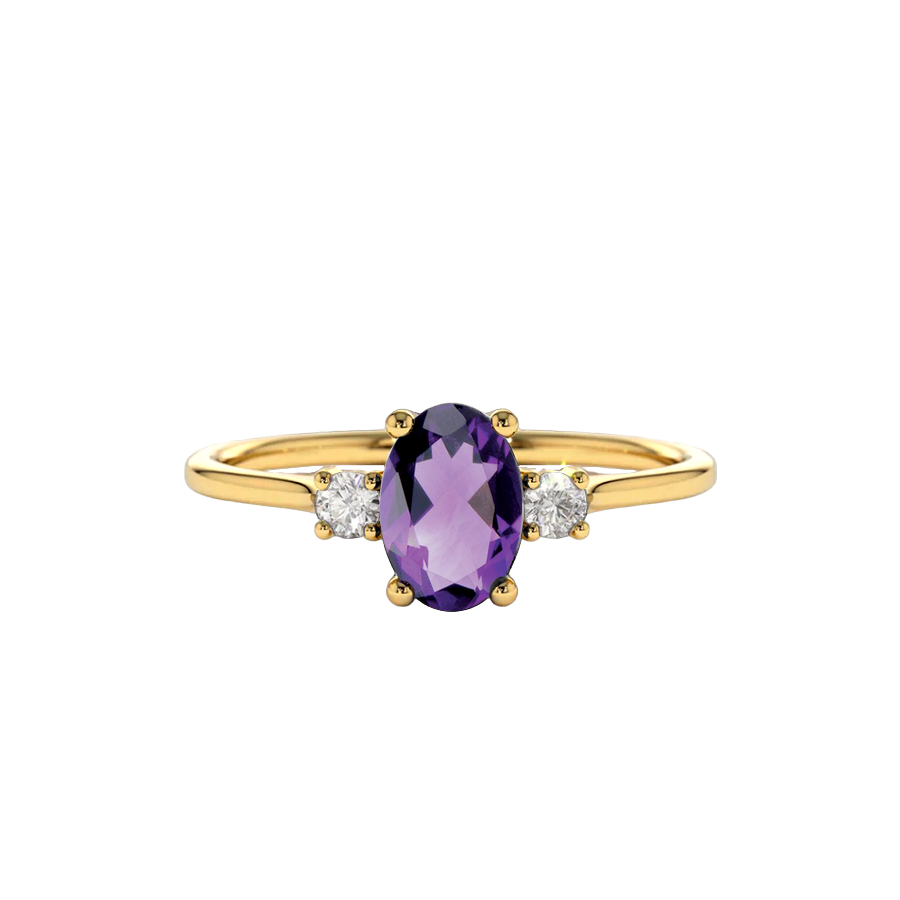 anel ametista oval, ouro amarelo