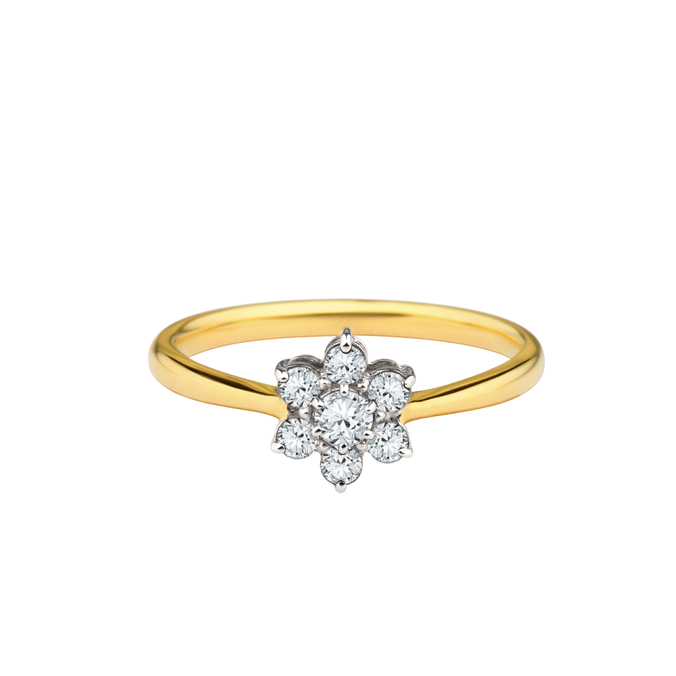 anel solitario flor, ouro amarelo e brilhantes