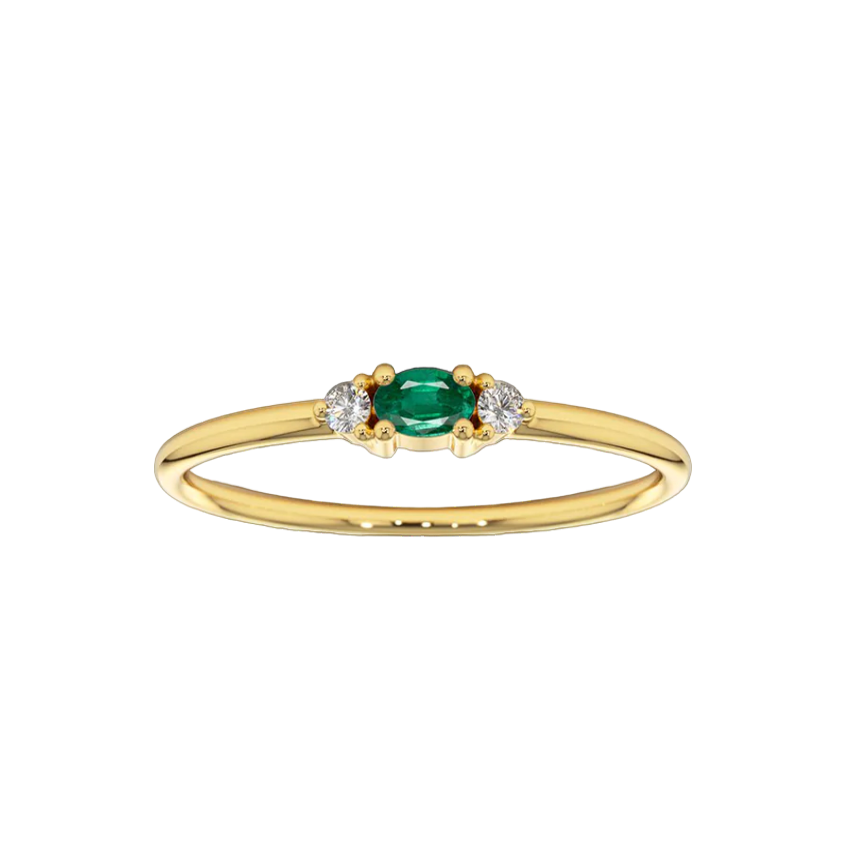 Anel Solitário de Esmeralda e Diamantes, Ouro Amarelo - MEDITERRANEA S