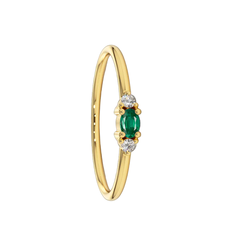 Anel Solitário de Esmeralda e Diamantes, Ouro Amarelo - MEDITERRANEA S