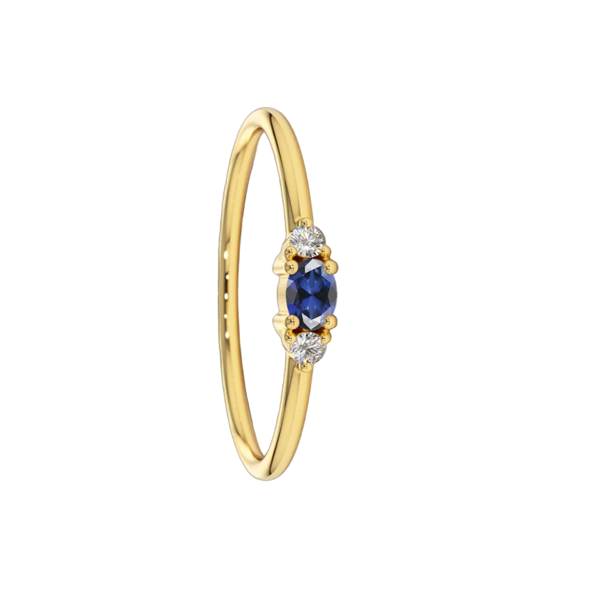 Anel Solitário de Safira e Diamantes, Ouro Amarelo - MEDITERRANEA S