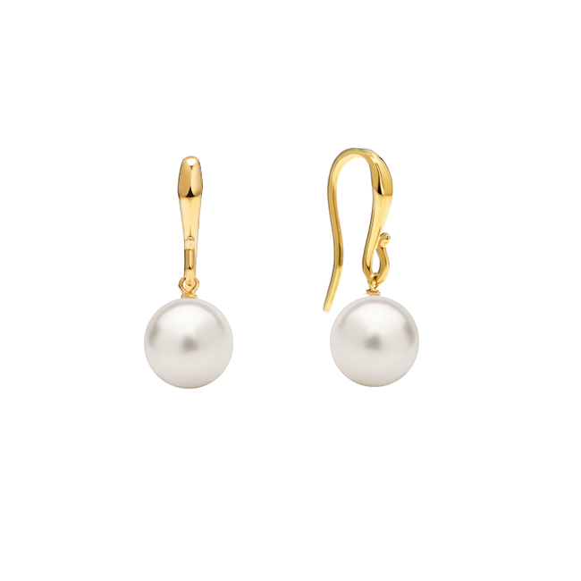 Brinco Gancho de Pérolas Brancas, Ouro Amarelo - PERLE
