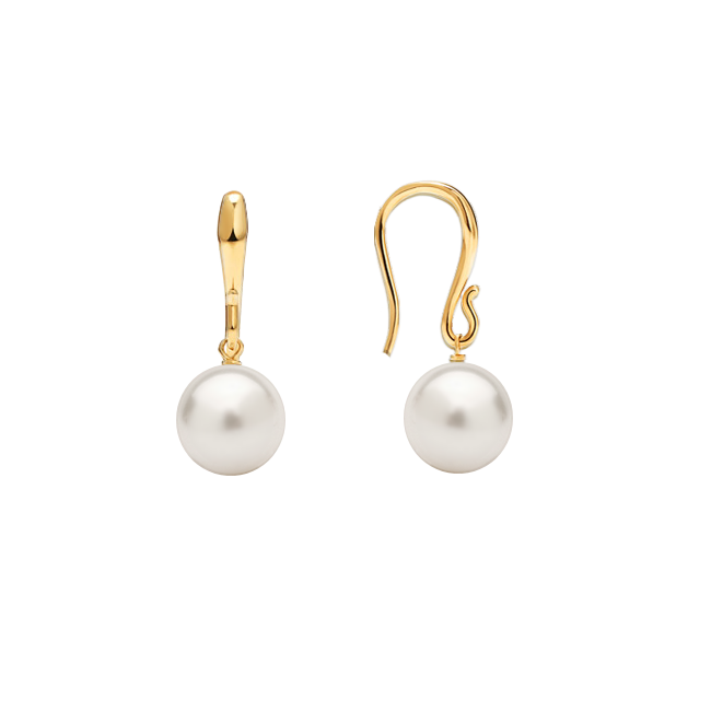 Brinco Gancho de Pérolas Brancas, Ouro Amarelo - PERLE