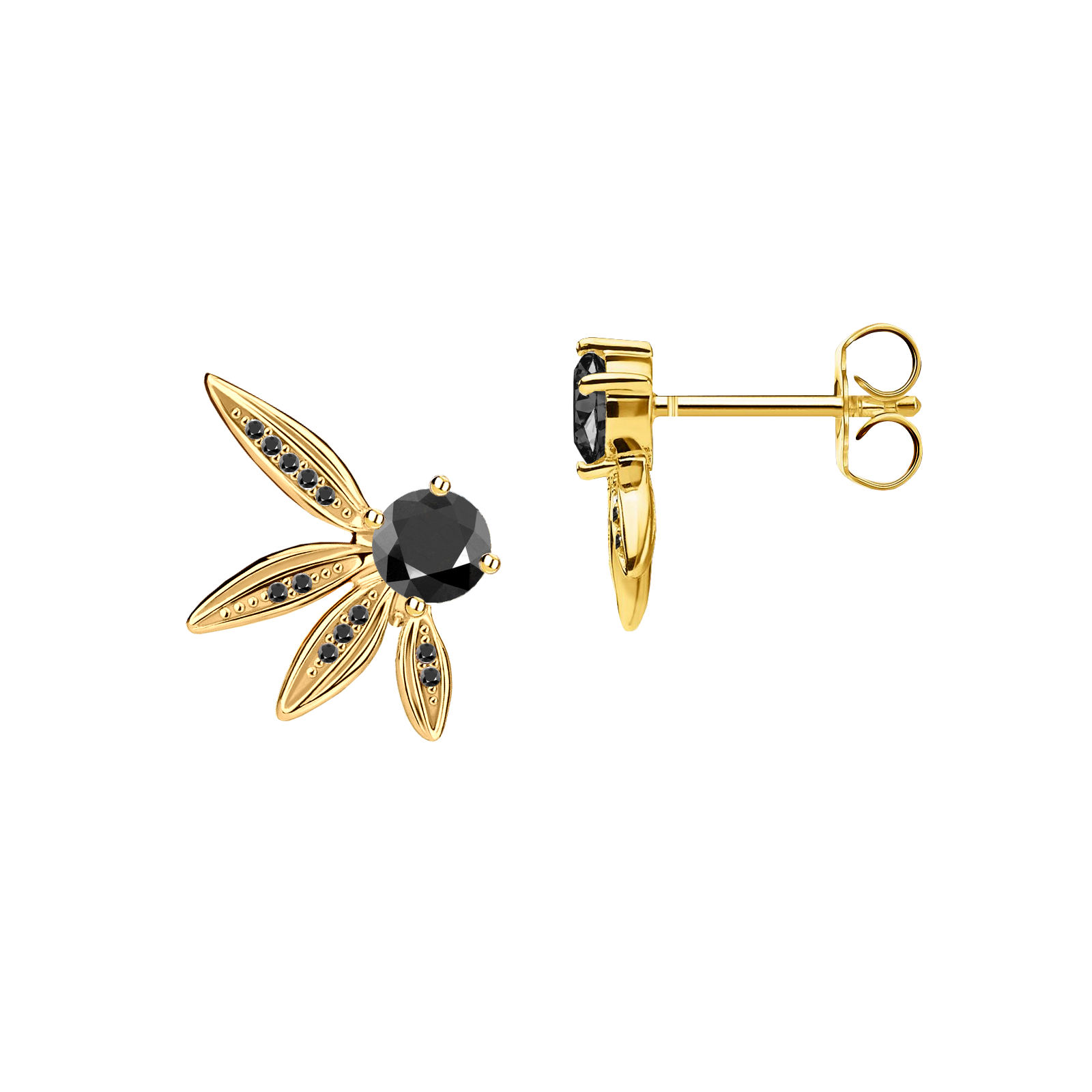 brinco flor ouro amarelo e diamantes negros