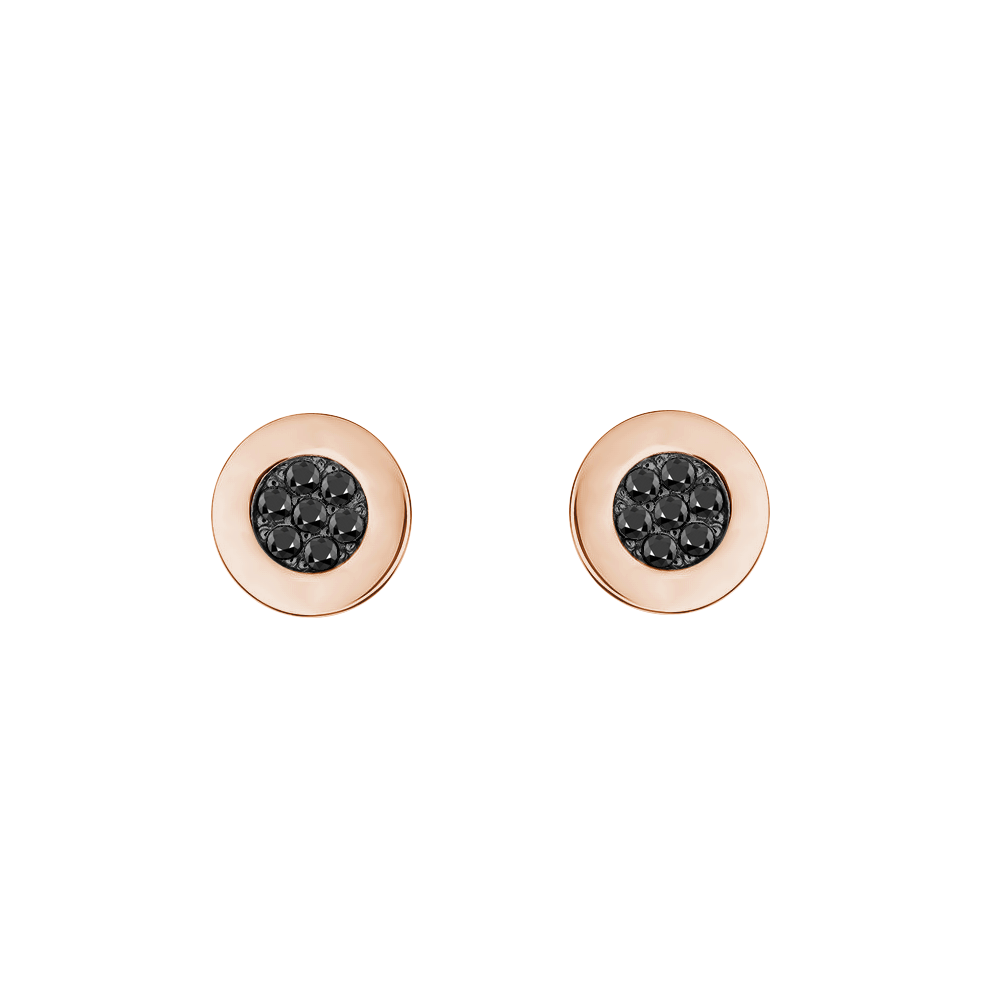 brinco stud redondo ouro rosa, com diamantes negros