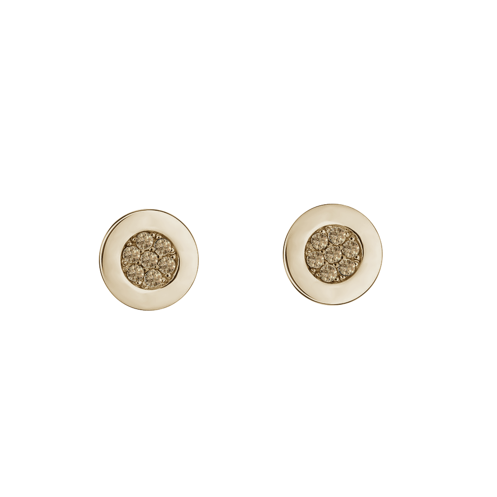 brinco stud redondo ouro champanhe, com diamantes cognac