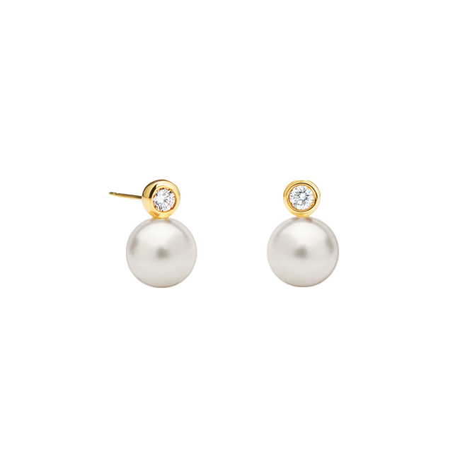Brinco de Pérolas e Diamantes, Ouro Amarelo - PERLE Inglesa