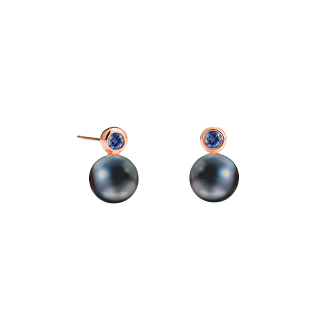 Brinco de Pérolas Negras e Safiras, Ouro Rosa - PERLE Inglesa