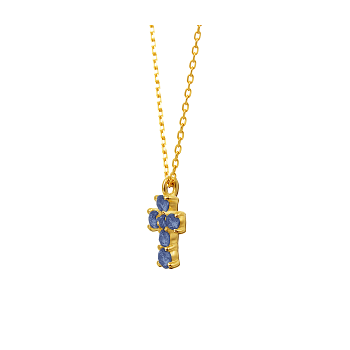Colar com Pingente Cruz, Ouro Amarelo e Safiras- KRS Safira