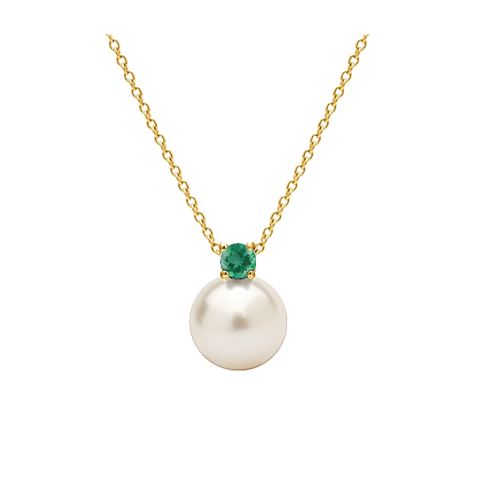 pingente de perola branca, esmeralda em ouro 18k