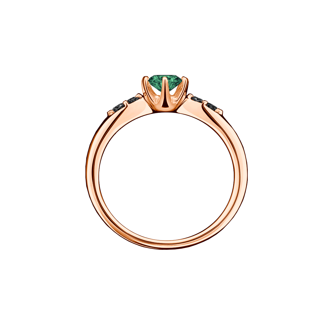 anel solitário ouro rosa, 6 garras, esmeralda e diamantes negros