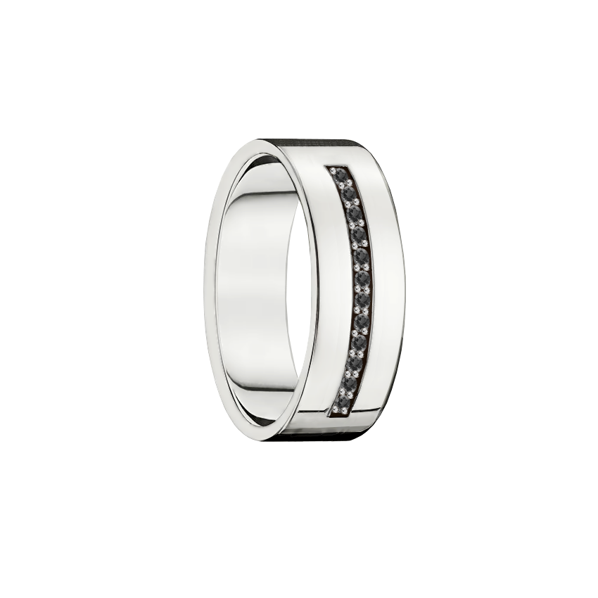 anel moderno ouro branco e diamantes negros