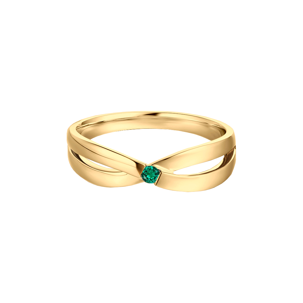 anel infinito ouro amarelo e esmeralda central