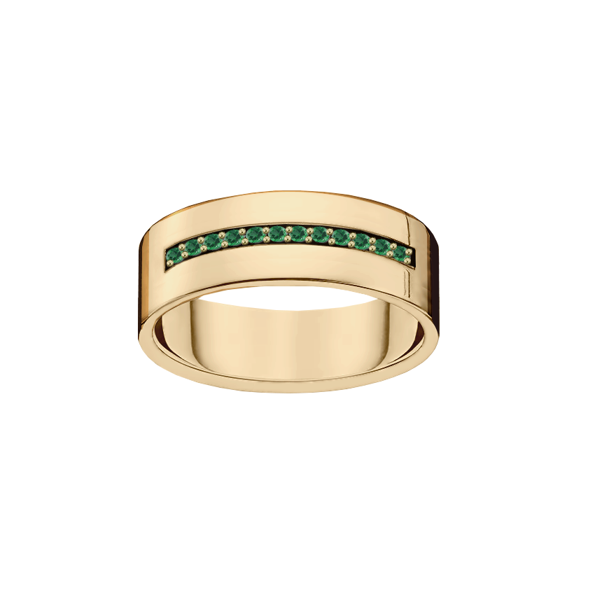 anel largo ouro com esmeraldas verdes