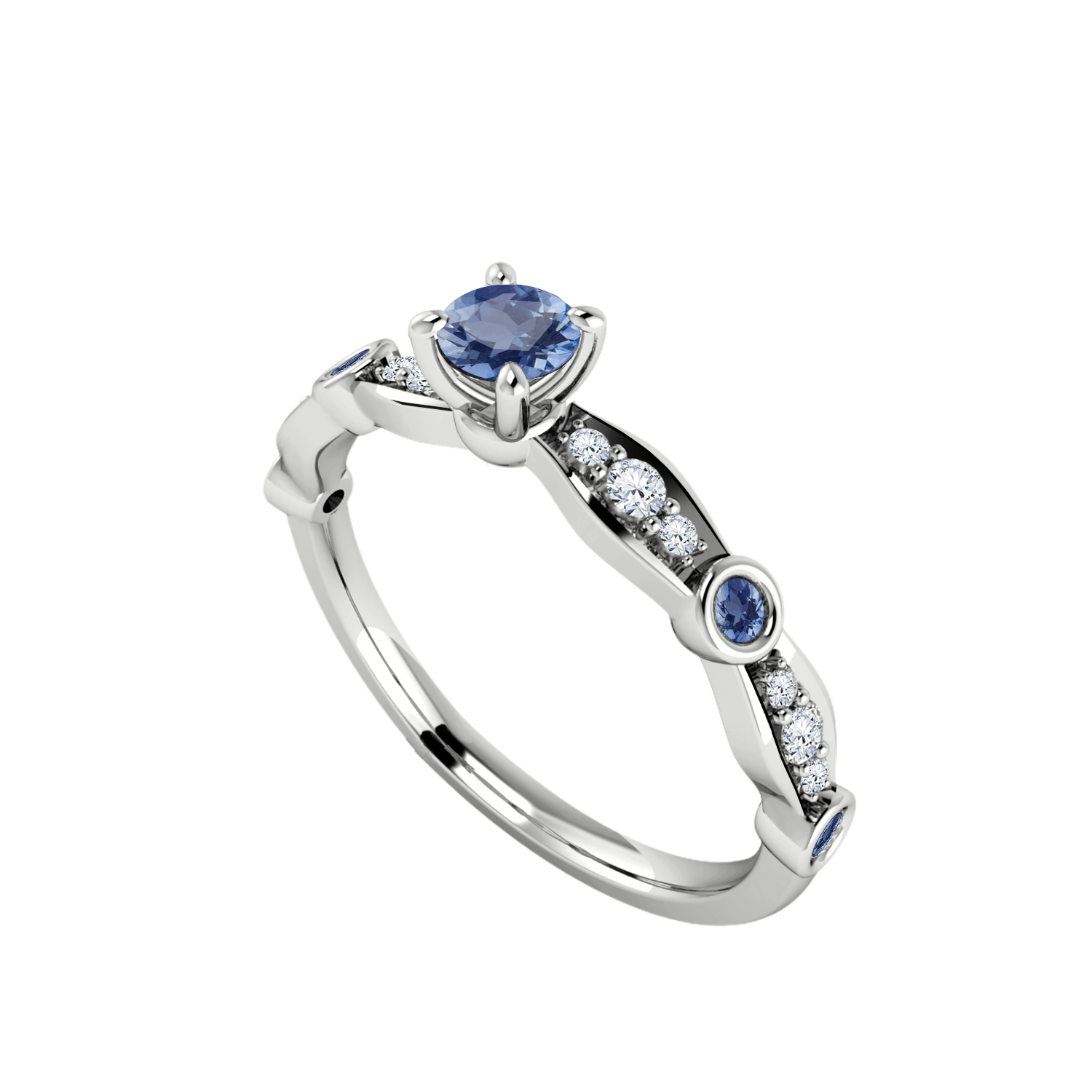 anel solitario de safira e diamantes
